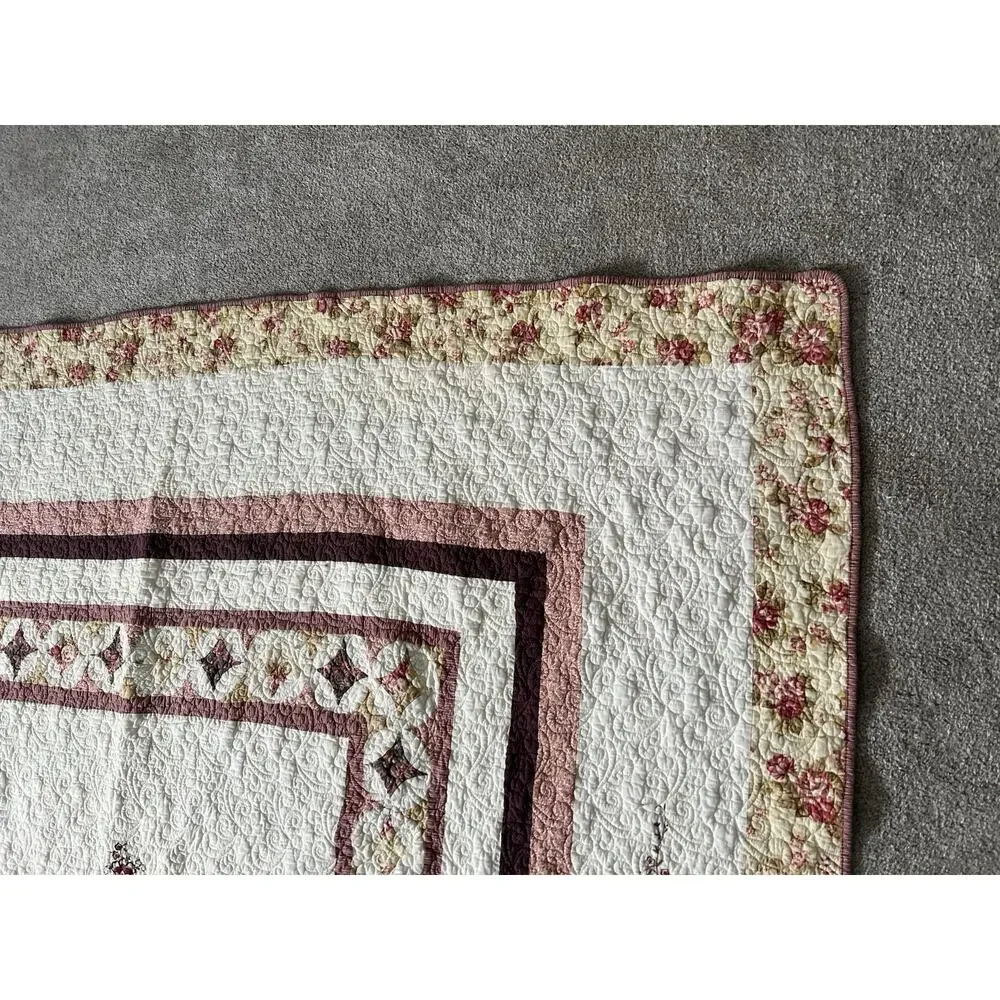 Handmade Quilted Bed Blanket Throw Floral Geometric Grannycore Cream Multicolor